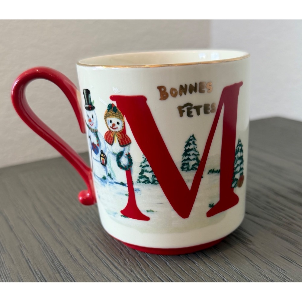 Anthropologie Nathalie Lete Bonnes Fetes Monogram M Snowman Christmas Mug 2025